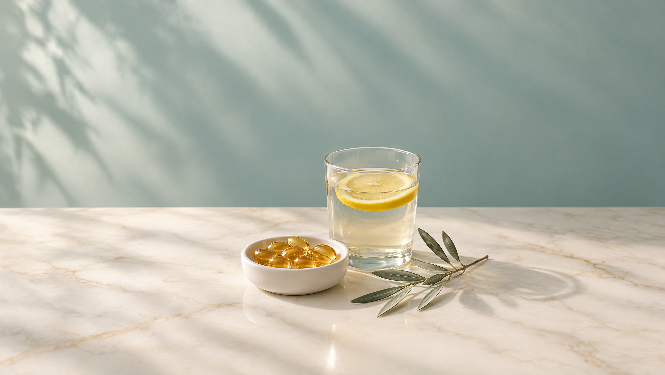 Vitamin D softgels in a ceramic dish beside a glass of lemon water in soft morning light